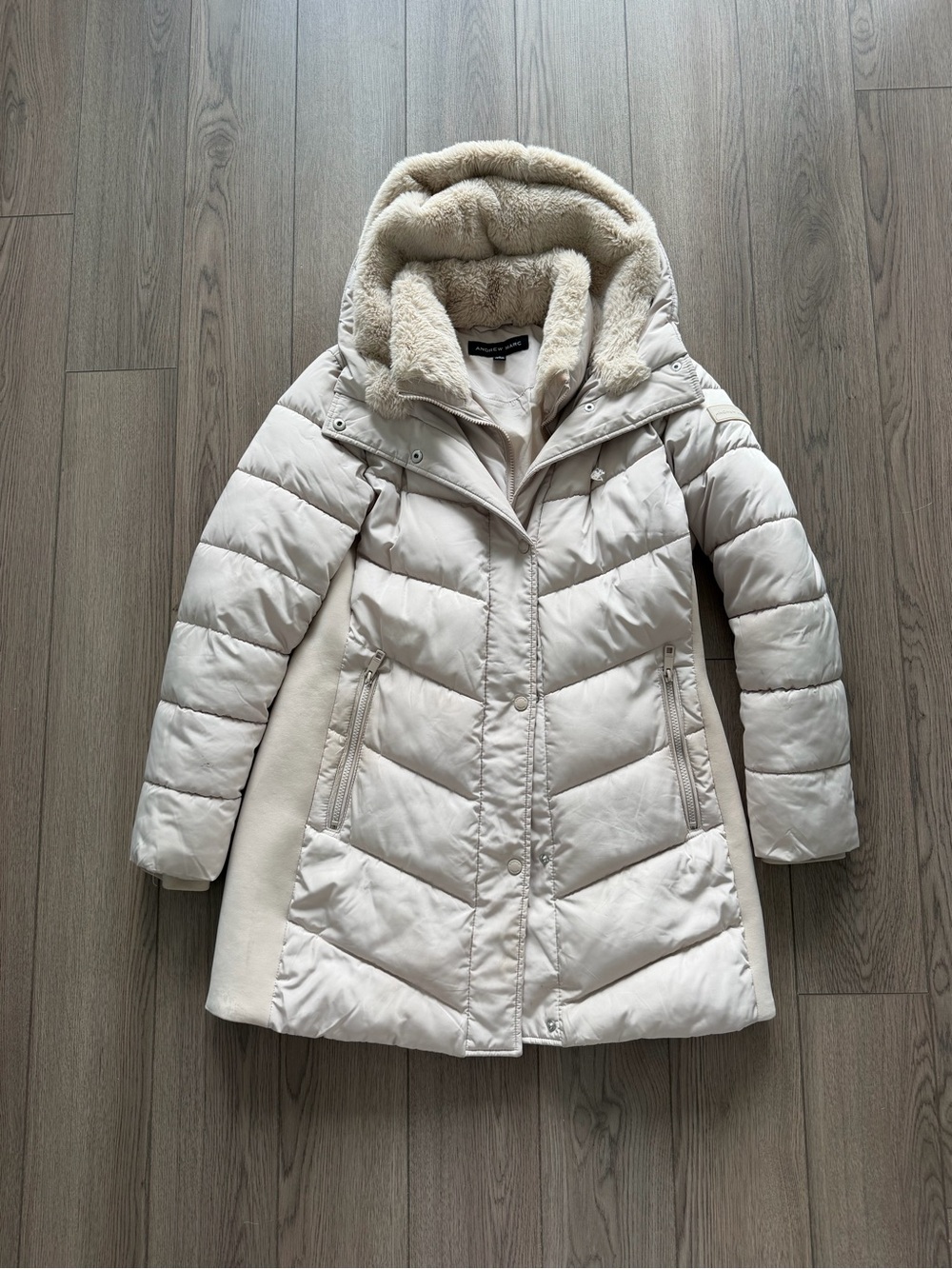 Andrew Marc Cream Puffer Coat with Faux-Sherpa Hood